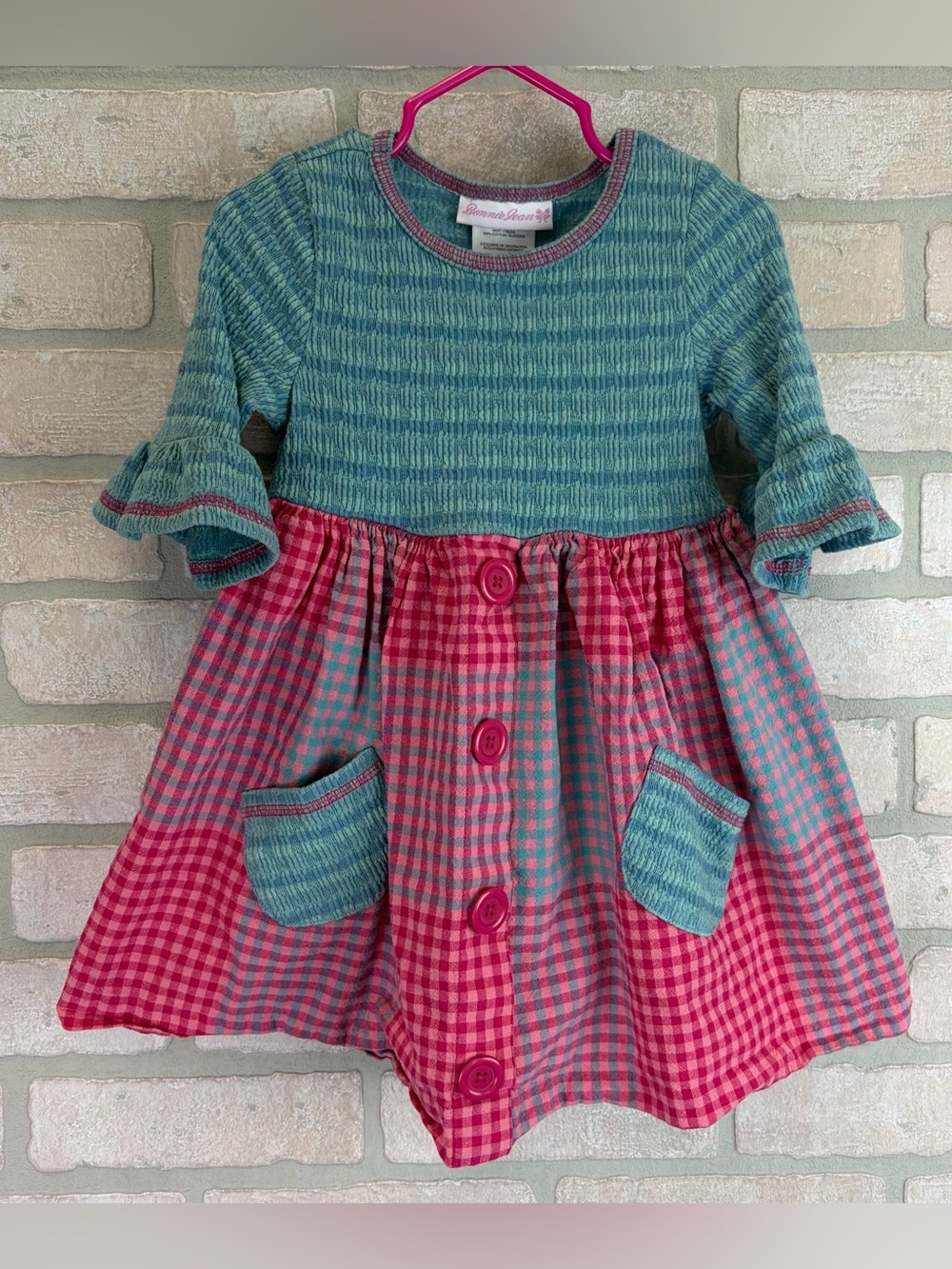 Girl’s Bonnie Jean Teal & Pink Knit-plaid Mixed-Print Dress 2T